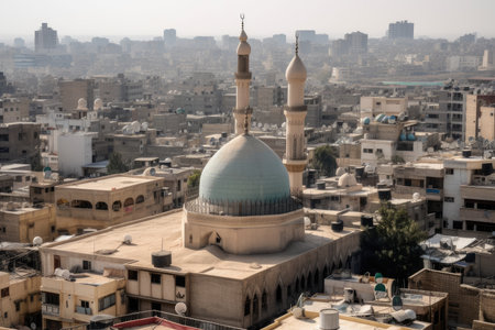 mosque with its dome and minaret towering over the rooftops of a busy city, created with generative aiの素材
