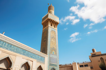 mosque, with towering minaret and intricate tilework, on a sunny day, created with generative aiの素材