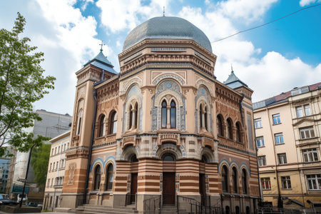 synagogue, with its intricate and detailed architecture, stands out among other buildings in the modern city, created with generative aiの素材