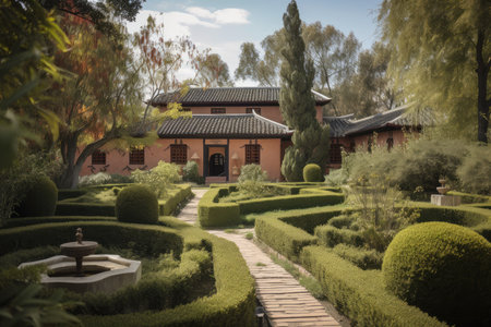 monastery, surrounded by tranquil gardens and peaceful meditation spaces, created with generative aiの素材