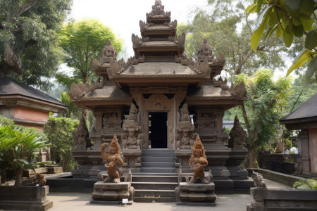 temple, with intricate carvings and sculptures, surrounded by peaceful garden, created with generative aiの素材