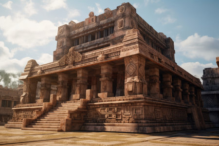 temple of the sun, with soaring columns and intricate carvings, in a bustling city, created with generative aiの素材