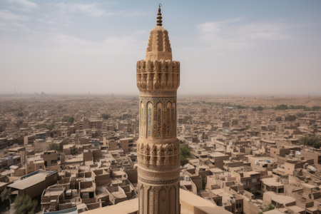 an intricately carved minaret, rising above the city skyline, created with generative aiの素材