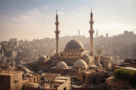 mosque in winding cityscape, with minarets rising above, created with generative aiの素材