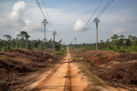 deforested area with newly constructed road and power lines visible in the background, created with generative aiの素材