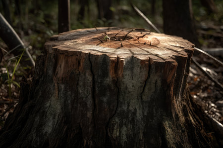 close-up of tree trunk, with saw marks and missing branches, evidence of deforestation, created with generative aiの素材