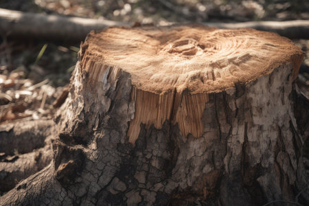 close-up of tree trunk, with saw marks and missing branches, evidence of deforestation, created with generative aiの素材