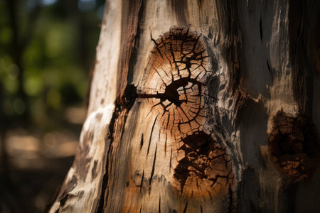 close-up of tree trunk, with saw marks and missing branches, evidence of deforestation, created with generative aiの素材