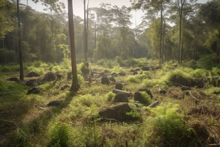 forest with new growth after deforestation and habitat destruction, created with generative aiの素材