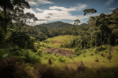 deforestation in a remote forest, with only the sound of running water and birdsong, created with generative aiの素材
