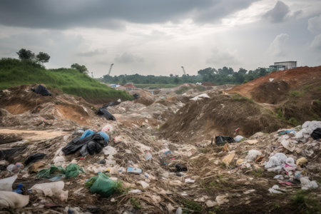 deforested area filled with plastic waste, discarded packaging, and other trash, created with generative aiの素材