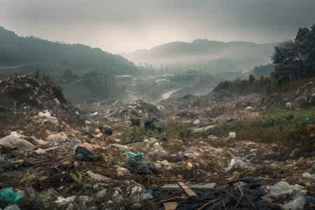 deforested area filled with plastic waste, discarded packaging, and other trash, created with generative aiの素材