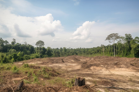 deforested area showing clear view of the sky with trees in the background, created with generative aiの素材