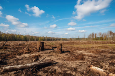deforestation, with the cleared land and stumps visible, and clear blue sky in the background, created with generative aiの素材