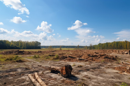 deforestation, with the cleared land and stumps visible, and clear blue sky in the background, created with generative aiの素材