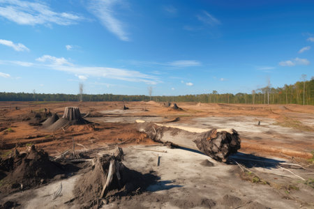 deforestation, with the cleared land and stumps visible, and clear blue sky in the background, created with generative aiの素材