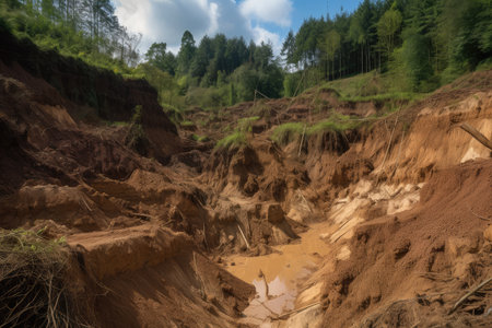 deforestation leads to erosion and mudslides in the forest, created with generative aiの素材