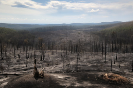 deforested area, with view of clear-cut and burned trees, surrounded by charred forest ground, created with generative aiの素材