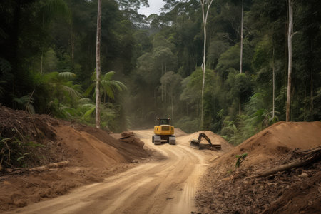 rainforest being cleared for new road, with bulldozers and chainsaws visible, created with generative aiの素材
