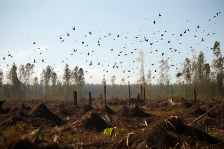 a flock of birds flying over a forest that has been cleared for farmland, created with generative aiの素材