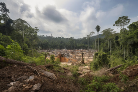 deforestation and habitat destruction in tropical rainforest with view of magnificent waterfall, created with generative aiの素材