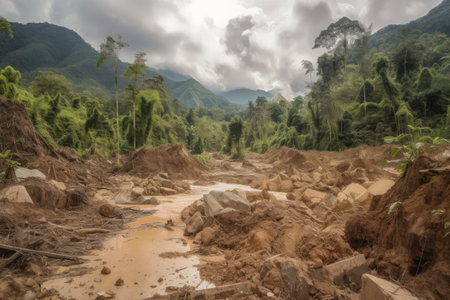deforestation leads to landslides and mudslides, flooding and destroying the land, created with generative aiの素材
