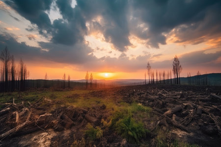 deforested landscape at sunset, with dramatic sky and clouds, created with generative aiの素材