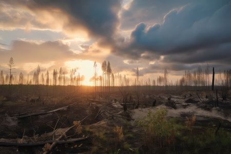 deforested landscape at sunset, with dramatic sky and clouds, created with generative aiの素材