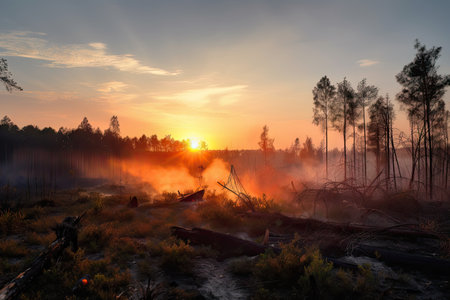 a vivid sunset over a clear-cut forest with smoke rising from burning debris, created with generative aiの素材