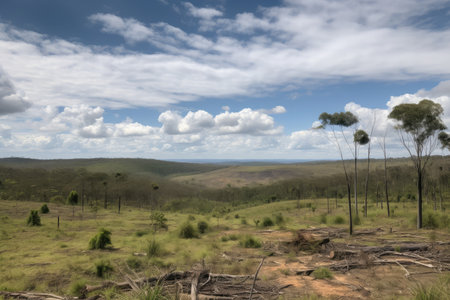 deforested landscape with view of the sky, featuring clear and open lands, created with generative aiの素材