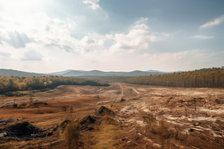 deforested landscape with view of the sky, featuring clear and open lands, created with generative aiの素材
