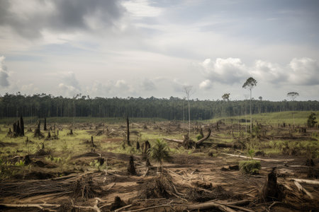 deforested landscape with towering trees in the distance, created with generative aiの素材