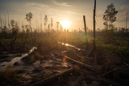 deforested landscape with sun peeking through the trees, created with generative aiの素材