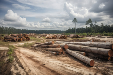 deforestation and sawmill with logs being cut into lumber, created with generative aiの素材