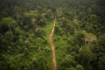 tropical rainforest with clearings and paths created by logging activity, created with generative aiの素材