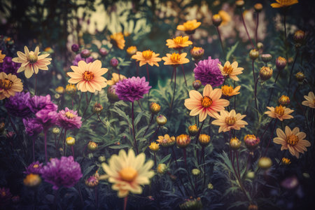 fantasy vintage flower garden with purple and yellow flowers, created with generative aiの素材