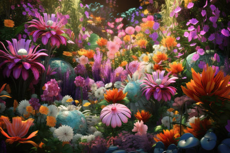 fantasy flower garden, with blooming flowers of all shapes and colors, created with generative aiの素材
