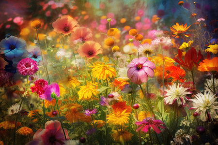 fantasy flower garden, with blooming flowers of all shapes and colors, created with generative aiの素材