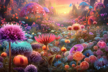 fantasy flower garden, with blooming flowers and fairies, created with generative aiの素材