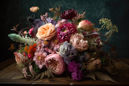 fantasy vintage flower bouquet, with variety of blooms and textures, created with generative aiの素材