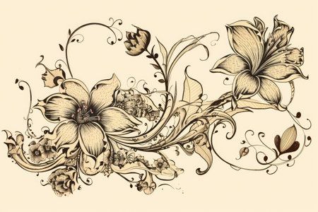 vintage flower illustration, with intricate swirls and flourishes on the stem, created with generative aiの素材