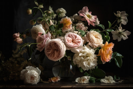 romantic old-fashioned bouquet of delicate blooms, created with generative aiの素材