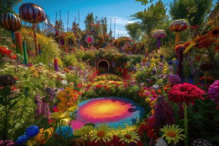 fantastical garden filled with blooming flowers of every color, shape and size, created with generative aiの素材