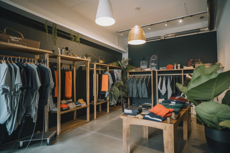 fast-fashion store, featuring upcycled and recycled materials in its clothing and accessories, created with generative aiの素材