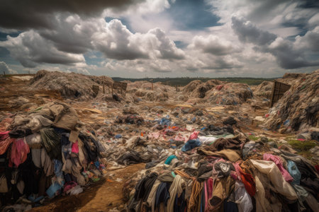 a landfill filled with discarded fast fashion garments and textile waste, created with generative aiの素材