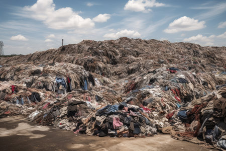 a landfill filled with discarded fast fashion garments and textile waste, created with generative aiの素材