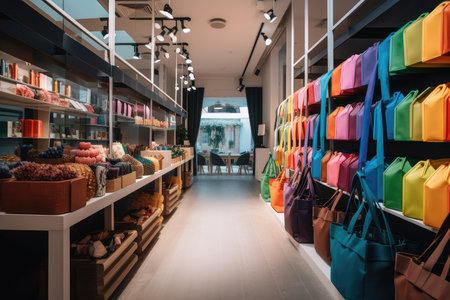 fast-fashion store with racks of colorful clothing and reusable shopping bag, created with generative aiの素材