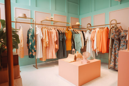 fast fashion store, with collection of clothing in pastel hues and bold prints, created with generative aiの素材