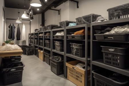 fast-fashion store, with bins of unwanted clothes for customers to take and recycle, created with generative aiの素材