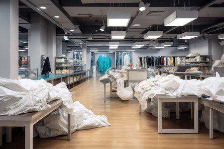 fast-fashion store, with clothes on display and trash bags in the background, created with generative aiの素材